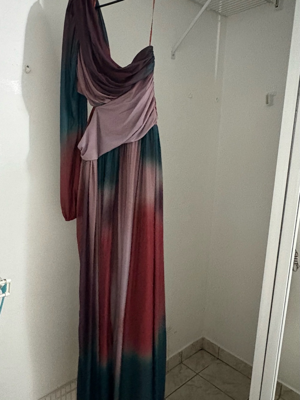 Fashion Nova One-Shoulder Ombre Maxi Dress in Mauve, Teal and Deep Rose